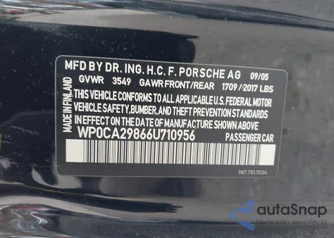 2006 Porsche Boxster from USA, damaged, VIN WP0CA29866U710956